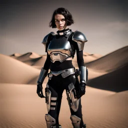 futuristic beautiful caucasian half cyborg female soldier, black metal body and limbs, chrome details, anorexic figure, short brunette wavy bob haircut, dystopian, desert scene