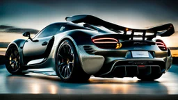 Rear View A stunningly realistic (((porsche veyron 918 x mansory))), intricate detail and perfection in every surface, glimmering metal and luxurious contours, a (perfect model) for a desktop wallpaper fit for high resolution screens, evoking a sense of futuristic elegance in a (4K cinematic atmosphere).