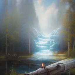 spray painted fantasy art, book illustration, sitting by a big log bonfire, in the background the stairs of a dam in the magical forest ,icy water