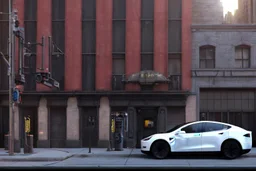 A Tesla 'Semi' (semi truck) is parked, near the building of the 'Friends' series in New York. (CINEMATIC, WIDE ANGLE LENS, PHOTO REAL)