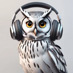 Illustrative sketch of a 3D Pixar image of a humanoid owl in music with headphones, ultra quality, 8k