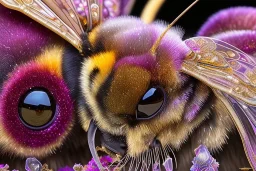 Beautiful symmetrical fluffy bumblebees dining at a feast of flowers, glitter, detailed fractal gems, fractal crystals, intricate, hyperdetailed, complex 3D filigree, ornate, metal, by "Greg Rutkowski" hyper realistic, photorealistic, incredible composition, amazing depth, imposing, 16k, detailed art illustration, vibrant, by "Josephine Wall", "Brian Froud"