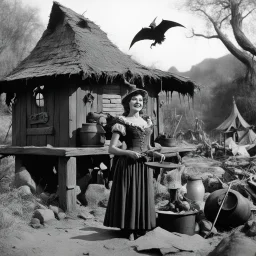 [high res photo by Ray Harryhausen] She lived in a world of magic Possessed by the devil's skew From her shack near the swampland That's made of mud-pie brick Marie stirred her witch's brew