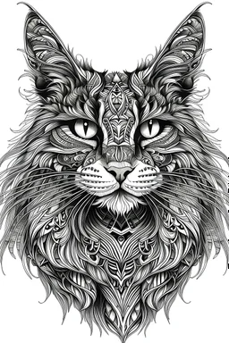A hyper-realistic Maine coon drawn in black and white using lines that look tribal