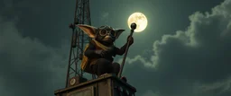 good moonring the coolest sassy bugbear gremlin explorer climbing a radio tower with crazy swag in the style of fallout 4
