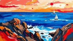 painting, impressionist style, vibrant colors, rocky cliffs, deep blue ocean, white sailboat, red and orange hues, dynamic brush strokes, waves, distant horizon, serene, scenic, landscape, expressive, abstract, nature, seascape, artistic, textured, bold, imaginative
