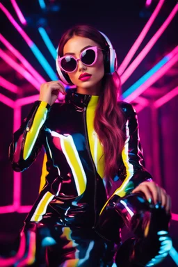 super model pretty girl ,fashion style,latex suit,headphone with sunglasses colorsfull ,background neon light