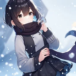 Clear focus, high resolution, Mihoyo Studio, Short crossed bangs, medium length back hair, snow in the background, small breast, black sparkling eyes, 1girl, wearing a medium length palleted skirt, scarf around neck, details on clothing design