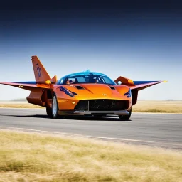 award winning car and driver photograph of a horsefly fighter-jet genetic-splice designed by only one vehicle per image painted metallic orange traveling at a high rate of speed, jet intake off of front center of vehicle and jet exhaust out the rear with bright blue flames painted on the hood and front quarter panels, bilaterally symetrical, more a high speed road vehicle