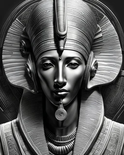 Illustrative sketch of Pharaoh Akhenaten in music with headphones, front view, ultra quality, hyper detailed, maximalist, 8k