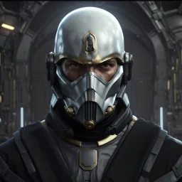 star wars bald male corellian pilot wearing pearlescent black and gunmetal grey First Order special forces heavy assault stealth commando armor and helmet with gold trim inside the jedi temple, hyperdetailed, dynamic lighting, hyperdetailed background, 8k resolution, volumetric lighting, light skin, fully symmetric details