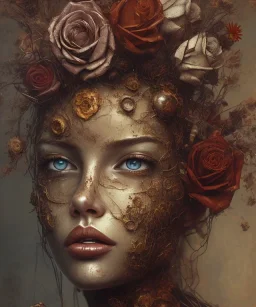 an abstract painting of rusted metal and flowers, portrait, rust, scaffolding, iron cladding, decay, mixed media, textured, anatomically correct, beautiful perfect face, sharp focus, highly detailed