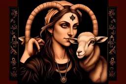 attractive woman with head of a goat, holding a human baby, baphomet