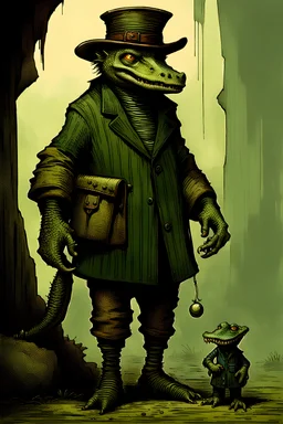 Artist Jean-Baptiste Monge style. A old biomorph male humanoid with Alligator face. Bright eyes. A green and blue striped outfit. Modifiers: Tim Burton Craig Rutkowski Modifiers:neon glowing Iridescent black ink