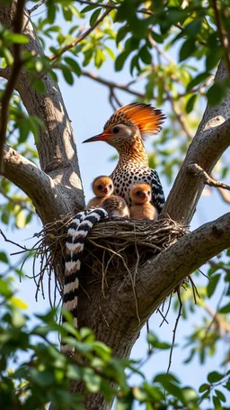 The hoopoe. With his wife and children in the nest hole in the tree
