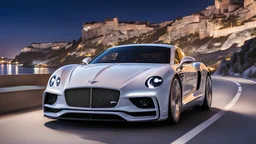 A sleek white shiny (((Bentley Porsche))), its contours and details perfectly captured in a (((cinematic view))), zipping along a winding road under a beautiful blue black night sky