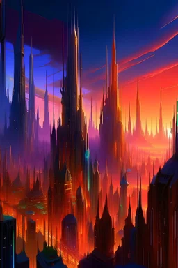 The picture shows a stunning scene of a fictional city. The city is characterized by tall towers that touch the sky, glowing with magical colors and reaching amazing heights. The massive towers can be seen stretching high, like pillars fading into the heavenly horizon. The streets in the city are full of life and colour. Lights twinkle and colors intersect at every corner, creating an enchanting and cheerful scene. The lighting features bright, glowing hues, from vibrant sky blue to brilliant r