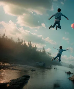 Ultra realistic thriller sky scene, portrait, Childs free jumping flying with trinkets, smile, happy, Wes Anderson style, wind, clouds, color fog, soft color, highly detailed, unreal engine 5, ray tracing, RTX, lumen lighting, ultra detail, volumetric lighting, 3d, finely drawn, high definition, high resolution.