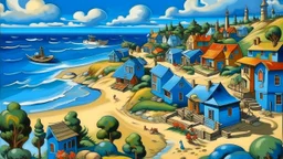 A blue town near a beach painted by Thomas Hart Benton