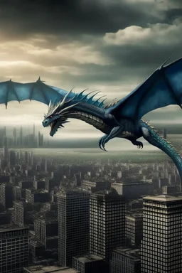 big dragon flying over city