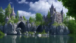 small gothic house built into a rock, lake, trees, arches, bridge, foliage, balconies, verandas, blue sky, white clouds