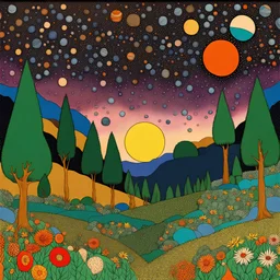 Colourful, peaceful, Max Ernst, Gustav Klimt, René Magritte, night sky filled with planets and stars, trees, rocks, flowers, one-line drawing, sharp focus, 8k, 3d, intricate, ornate