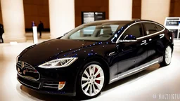 A Tesla's 'Model S Plaid' is parked, at inside the 'National Air and Space Museum', in Washington, D.C. CINEMATIC. WIDE ANGLE LENS.
