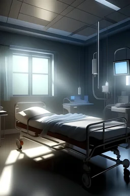 intensivpflegestation mit einem Patienten im Bett, einer Pflegekraft, diffuses abgedunkeltes Licht, Lichtkegel auf Bett, fotorealistisch