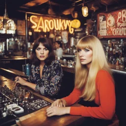 [colour picture: possibilities, one blonde and one brunette] They spoke of the transformative power of words, the need to challenge societal norms, and the responsibility of artists to provoke change. In the sanctuary of the smoky bar, they found solace in their shared vision of a world reborn, where the groovy '60s became a catalyst for revolution, not just in society but within themselves. Together, they vowed to continue their journey, to push boundaries, challenge the status quo, and capture