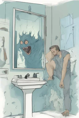 a man looking into a shattered bathroom mirror and seeing a horrifying, abstract deranged monster in his reflection