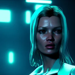 young kate moss, sweet blonde replicant woman, blade runner style, rain, fog, neon ambient, gradient color, clean skin, circuits, latex coat, cyber punk, neon, tubes, portrait, studio photo, unreal engine 5, smooth color, 16 bit, god lights, ray tracing, RTX, lumen lighting, ultra deatail, volumetric lighting, 3d, finely drawn, hd.