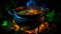 delicious stew bubbling in a cauldron suspended over heat, outside, night, stars, moon, fireflies, award-winning photograph, beautiful composition, exquisite detail and illumination