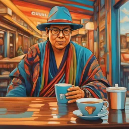 Imágen de arte lineal de Gustavo Petro tomando café, sombrero, ruana al hombro, sin corbata, cuerpo completo, calidad ultra, hiperdetallado, 8k, 3d, colores complementarios