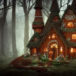 a fantasy witch house in the woods made of gingerbread, frosting, and candy, 8k resolution, centered, high-quality, ultrafine-detail, digital art, detailed matte, volumetric lighting, illustration, 3D octane render, brian froud, howard lyon, ben goossens, George Grie, alphonse mucha