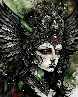 Black gothica angel portrait Beautiful watercolour árt mealic filigree winged angel decadent black watercolour with red ans green and beige headress covered with mossy dust and rust patina ivory quilling embossed watercolour headdress covered witht mineral Stones black white voidcore shamanism rblack and green ink watercolour árt painting style venetian rococo paper palimpsest quilling wooden filigree ink splash angel gothica woman portrait wearing floral black gothic tqttooed girl ange