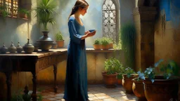 Pintura figurativa. Estilo: simbolismo belga. Una mujer adulta de pie con la frente apoyada en el cristal, en un patio andaluz con macetas, con luz dispersa de niebla matinal. Pintura al óleo de museo, figura femenina solitaria, tratamiento artístico no explícito.