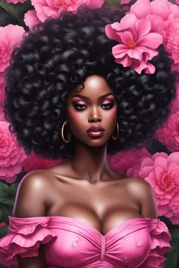 Create an urban art style image of a curvy black female wearing a pink off the shoulder blouse and she is looking down with Prominent makeup. Highly detailed tightly curly black afro. Background of large pink and black flowers surrounding her