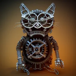 character render of mechanical tabby cat made of gears, wires, metal, intricate, ultra-fine detailed, steampunk, ornate, 8k, ultraHD, high-quality, 3d, realistic, trending on artstation, midjourney style, elaborate