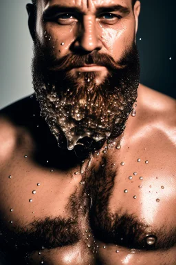 close up photography, dirty burly russian ugly strong 46 years old man, bullneck, milk falling from above, splashing and dripping milk in the face, milk dripping on the beard, with dirty tank top, tattoo, serious eyes, manly chest, 35mm lens, natural light