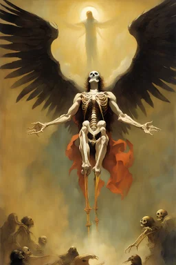Detailed illustration of the arc angel lucifer as an omnipotent angel, descending from heaven, part angel , part skeleton by Zdzislaw Beksinsk, frank frazetta)), ((Ashley Wood)), Dan panter, ((Bill Sienkiewicz)), davidlozeau, Nicolas bruno, ((max Ernst)), offset noise, unreal engine, fantasy art, chiaroscuro lighting, horror sci-fi, album cover art, gothic avant garde, futuristic hi-fi, analog horror aesthetic, holographic haptic art, metaphysical art, religious folklore, dark gothic horror vibe