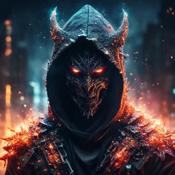 post-apocalyptic hooded demon knight covered with glowing crystals, fire particles in air, destroyed city, night, bright colors, glowing sparkle particles, dark tone, sharp focus, high contrast, 8k, incredible depth, depth of field, dramatic lighting, beautifully intricate details, clean environment, epic dynamic scene