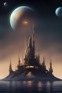 space castle floating far out over sea of mercury, scifi artist