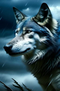 A wolf in a blue storm wind