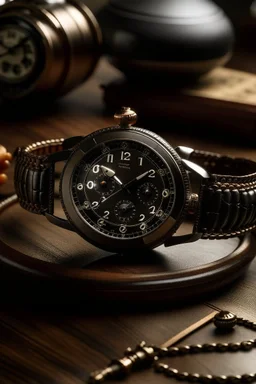 Generate an image of an Obsyss watch from the heritage collection, placed in a vintage setting. Pay attention to details like worn leather straps and antique surroundings to evoke a sense of timeless elegance.
