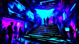 A digital painting with neon colors and abstract shapes Down the ramp in the tunnel round and about above the bass of timeless tunes crackles the warmth of blues, showcasing a futuristic underground music club where holographic performers entertain the crowd