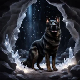 Hyper Realistic big black German-shepherd guarding white crystals with fireflies in a cave at night