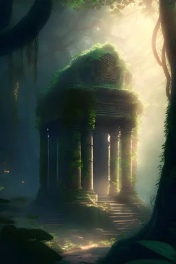A serene scene of an ancient, ivy-covered temple nestled in a lush, misty forest, with sunlight filtering through the trees and casting a magical glow on the surroundings.