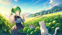 Girl, green hair, cat paws on hand, farm