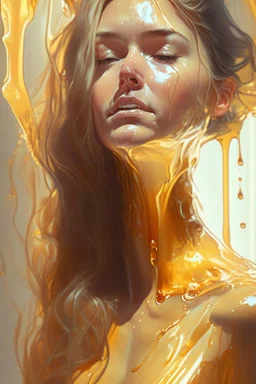 WOMEN WITH transparent Liquid honey dripping, photorealistic beautiful woman, light hair, full body, cover, hyperdetailed painting, luminism, Bar lighting, complex, 4k resolution concept art portrait by Greg Rutkowski, Artgerm, WLOP, Alphonse Mucha,