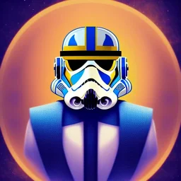 trés beau capitaine galactique, star wars style, avec costumes bleu et or , arrière fond bleu galactique étoilés, casque